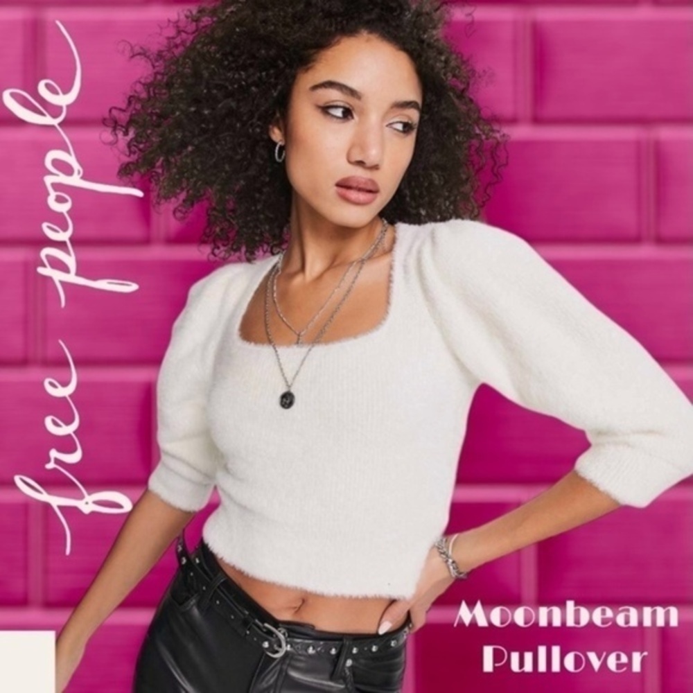 FREE PEOPLE NWT Moonbeam Fuzzy 3/4 Puff Sleeve Cropped Scoop Neck Sweater/Lg